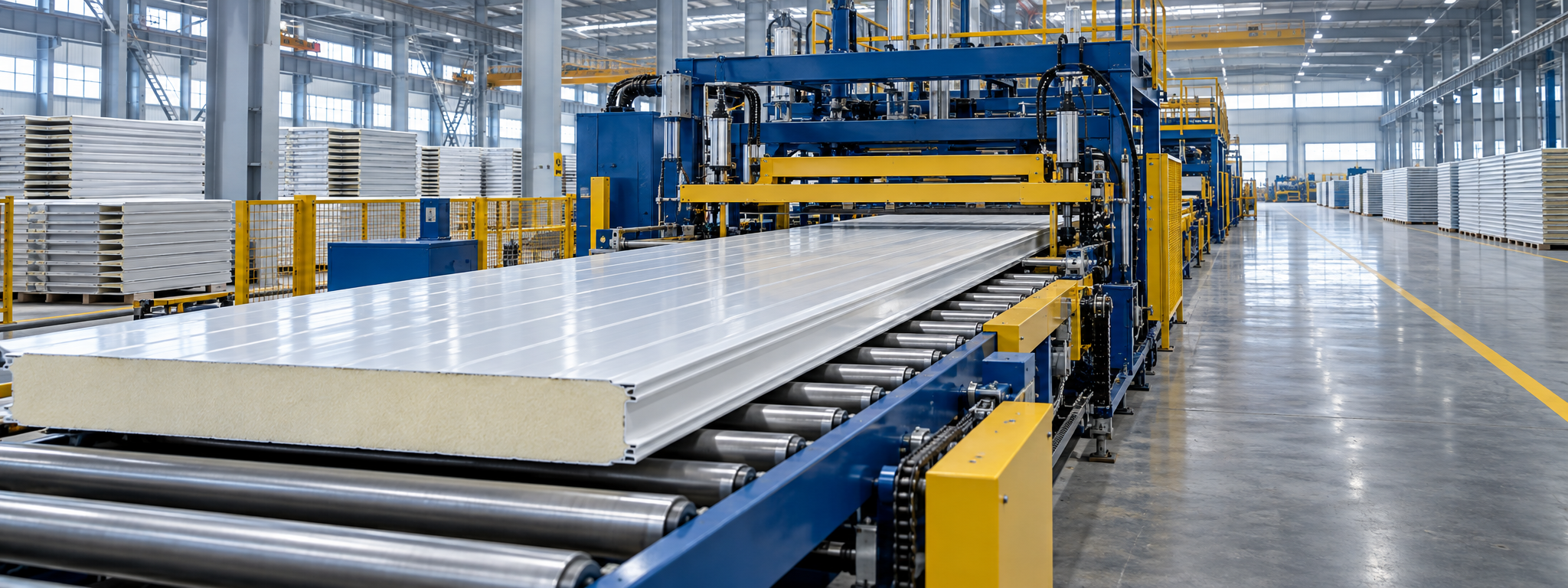 Insulated sandwich panel moving through a production line